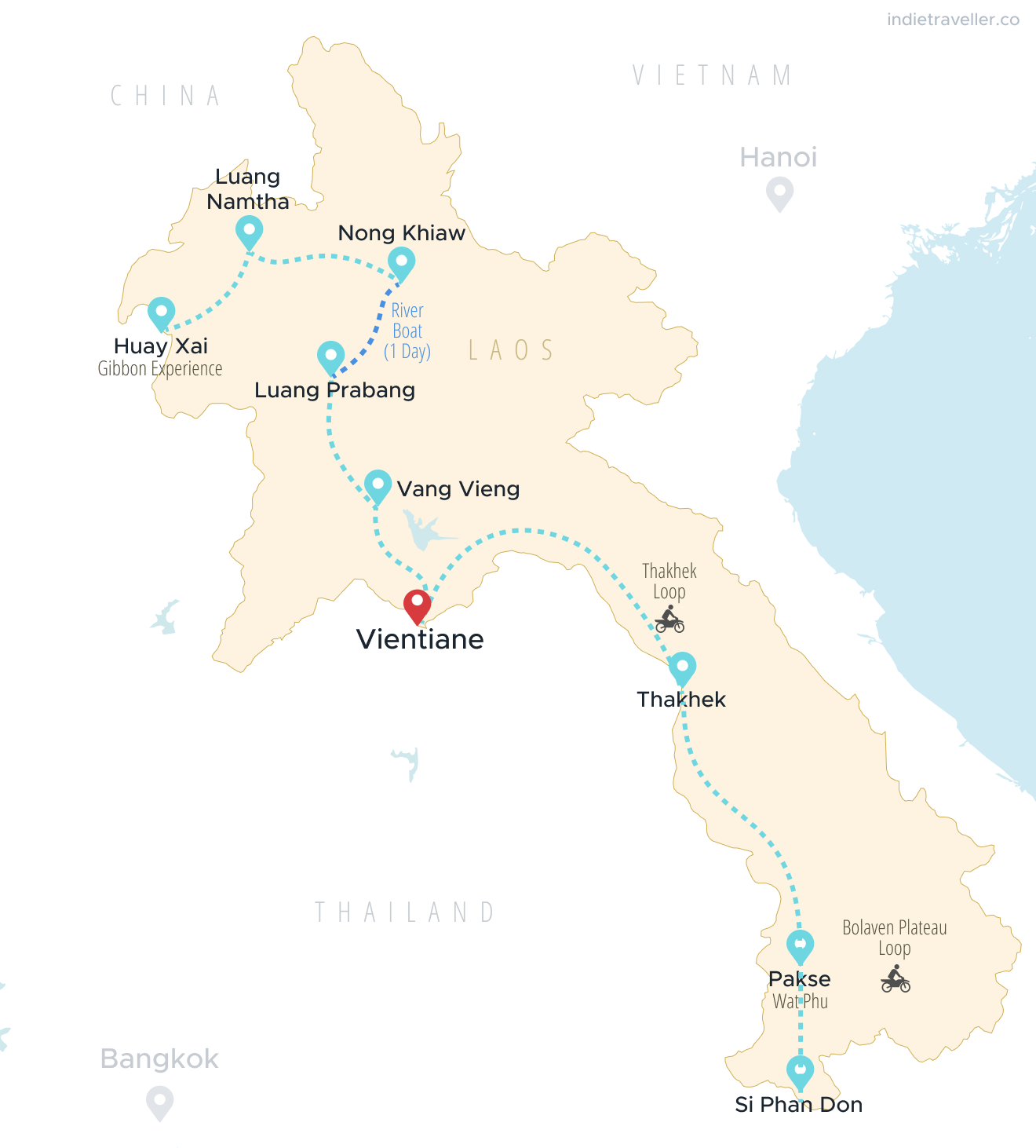 Map of Laos showing a 3 week itinerary, with a route starting in Huay Xai in the north and ending in Si Phan Don in the sotuh.