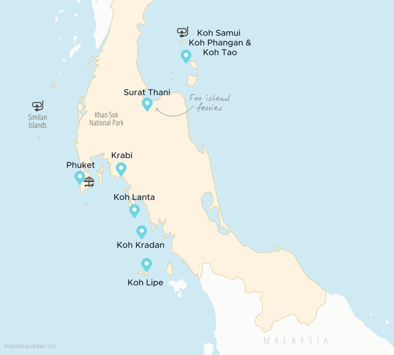 Map of the best places to travel in Southern Thailand