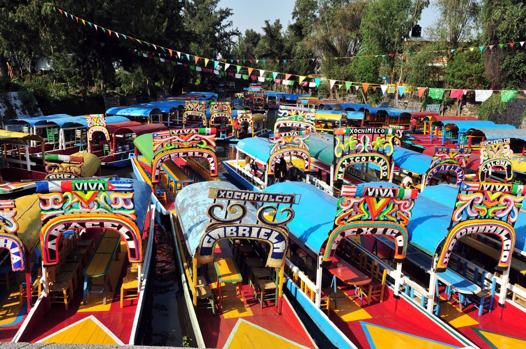 Colorful boats or Mexican gondolas in Xochimilco